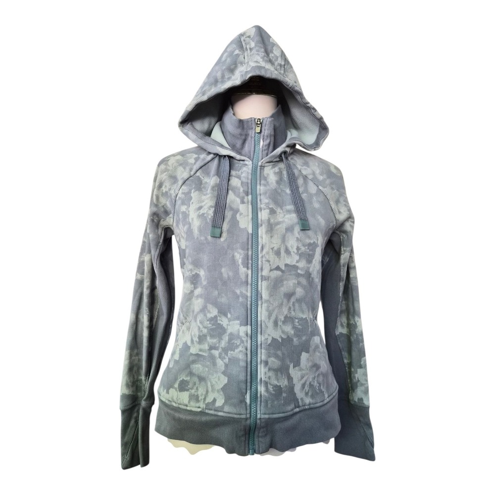 Athleta Hooded Zip Jacket in Gray and Sage Floral Camo
